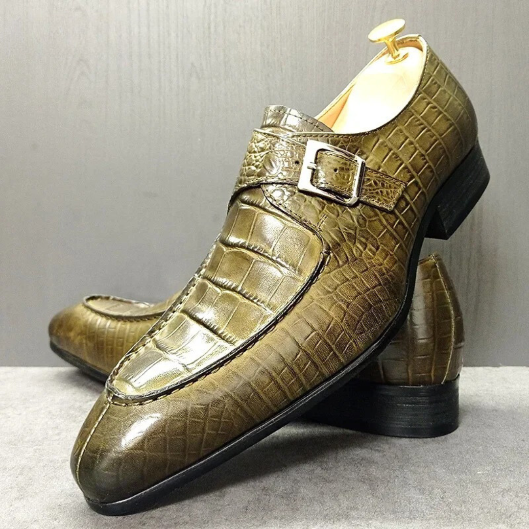 Crocodile Pattern Green Leather Oxfords - Monk Straps - MenAddicts 