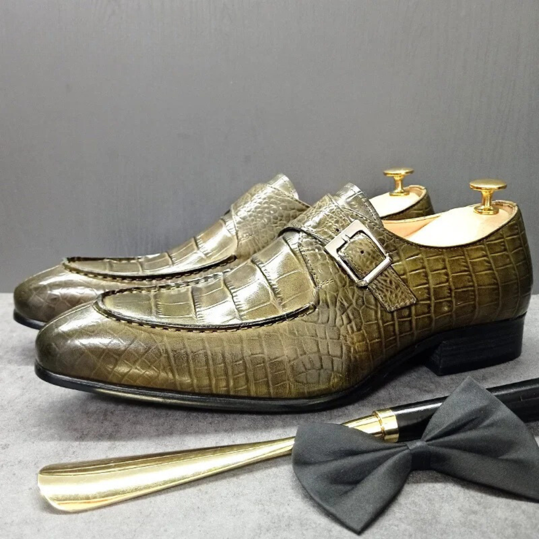 Crocodile Pattern Green Leather Oxfords - Monk Straps - MenAddicts 