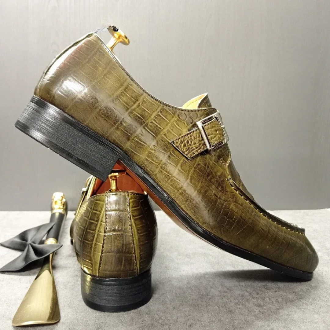 Crocodile Pattern Green Leather Oxfords - Monk Straps - MenAddicts 