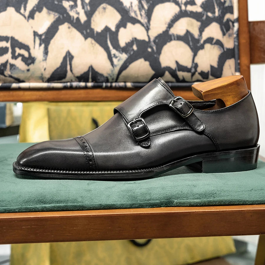 Genuine Leather Double Monk Strap Dress Shoes for Men
