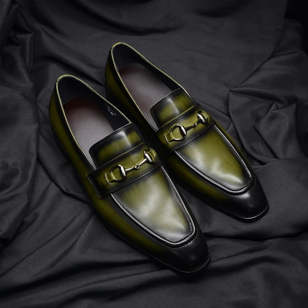 Men Wedding Dress Shoes | Genuine Leather Horse bit Loafer Green Shoes | MenAddicts